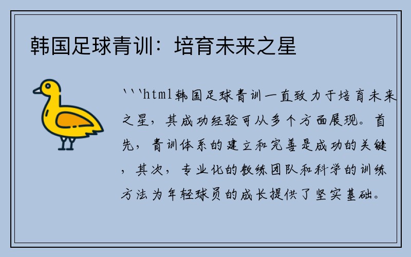 韩国足球青训：培育未来之星